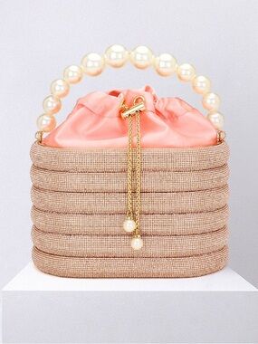 Pearl-Handle Woven Bucket Bag in Coral